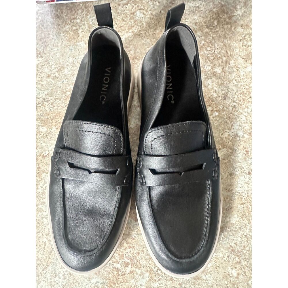 Vionic Uptown Black Leather Penny Loafers Platform Comfort Shoes Women's 8 Wide